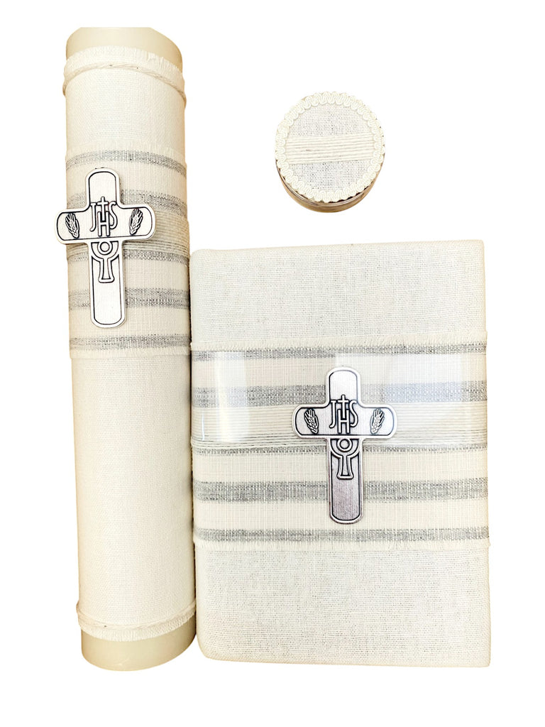 Juego de comunión forrado en lino cruz con cáliz
