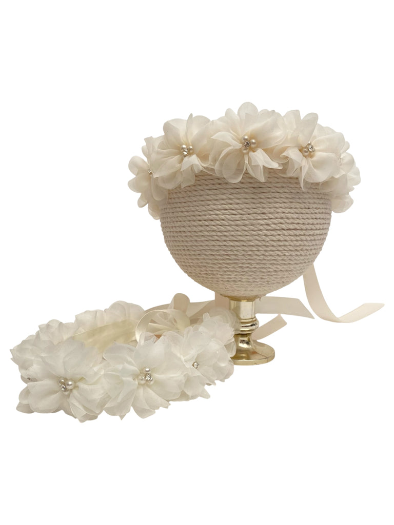 Corona de flores organza pompom y cristal