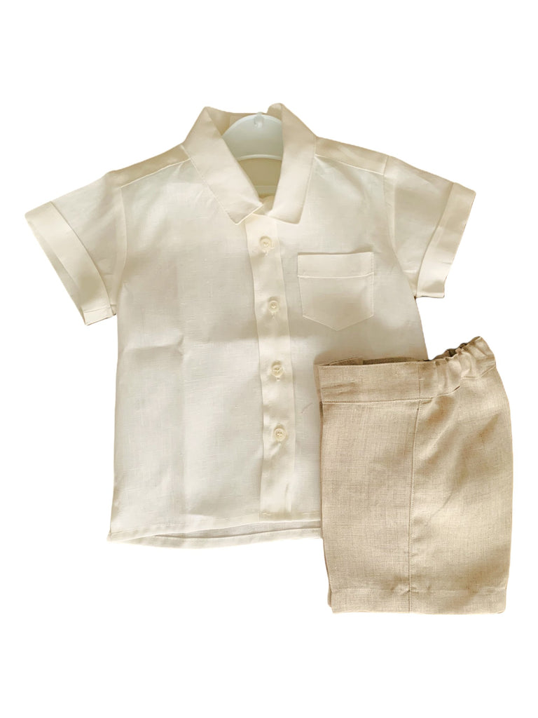 Conjunto lino camisa bolsito cuello sport bermuda sencilla