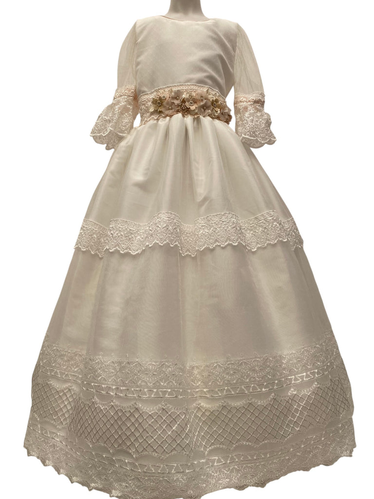 Vestido comunión manga 3/4 tira bordada de encaje
