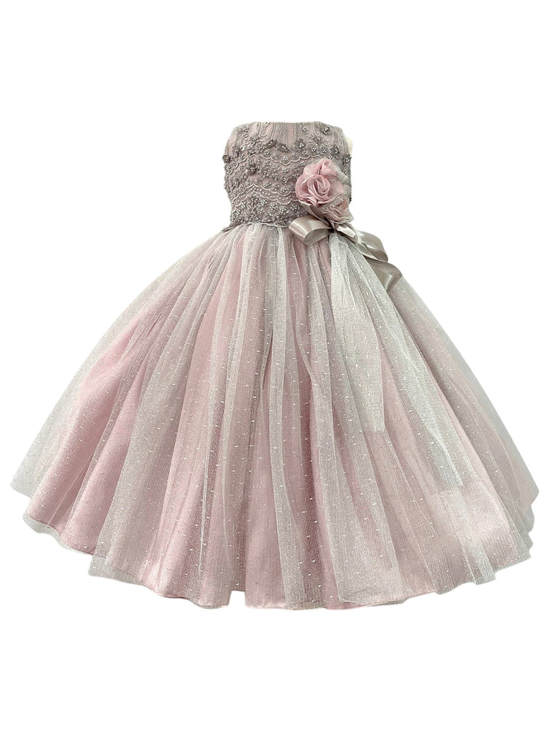 Vestido peto bordado falda tul metálico