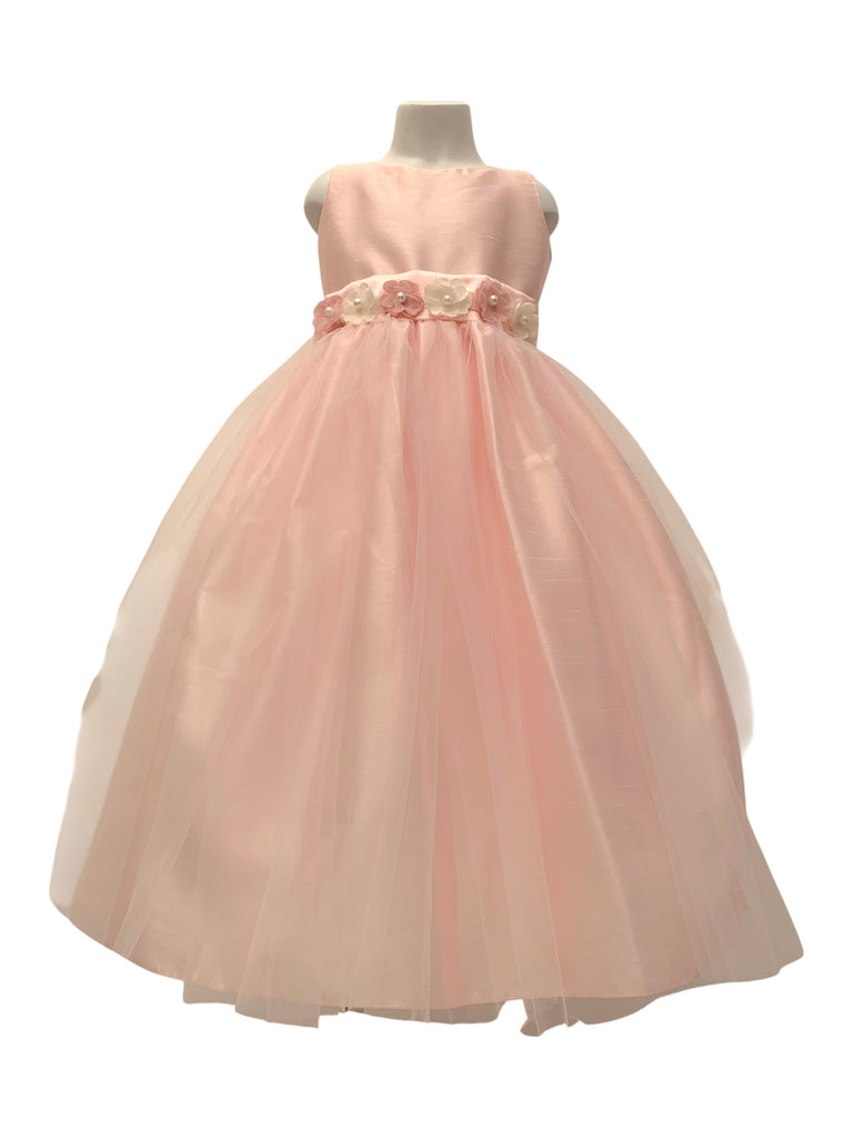 Vestido peto telar falda tul banda con flores y perlitas