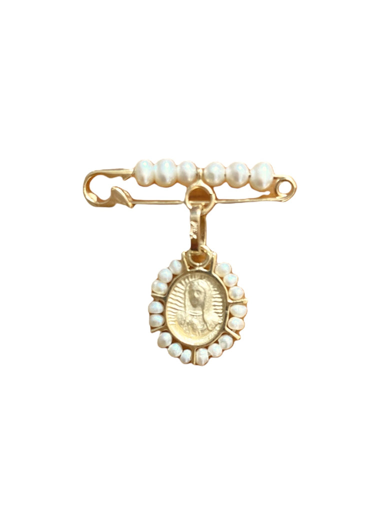 Seguro Virgen oval con perlas 14k