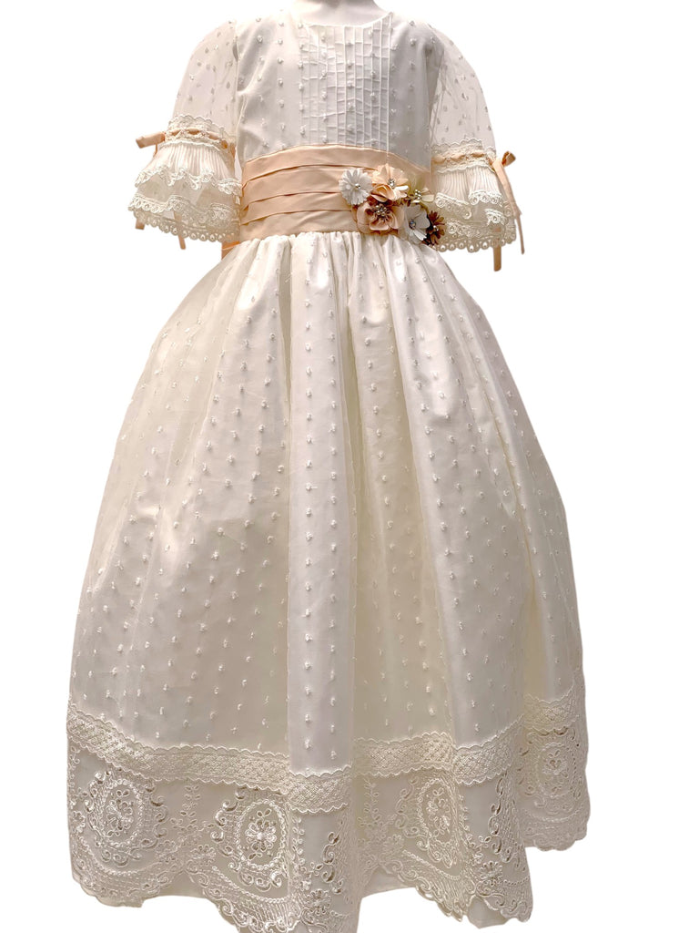 Vestido comunión tul punteado manga olanes