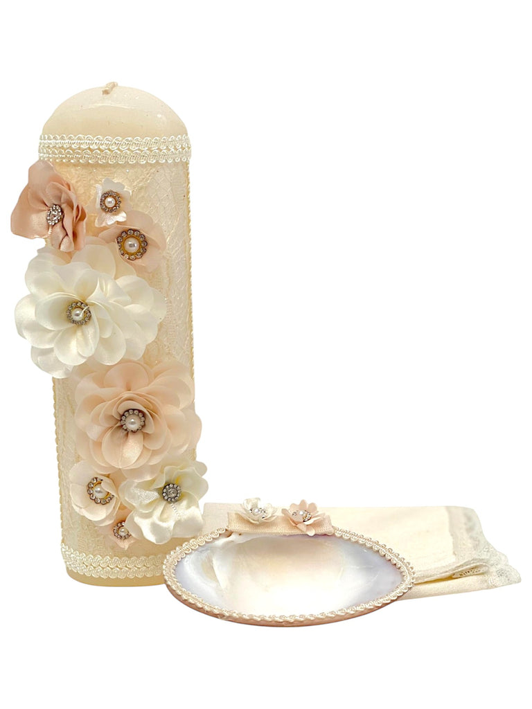 Juego de bautizo vela oval flores y encaje
