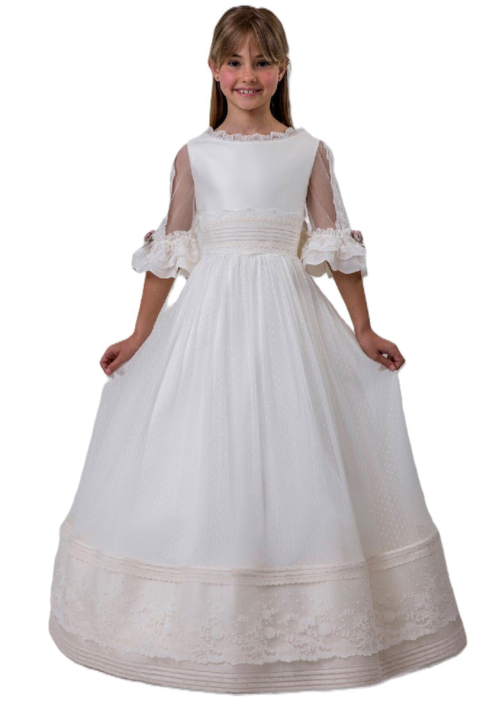 Vestido comunión español manga y tul puntos