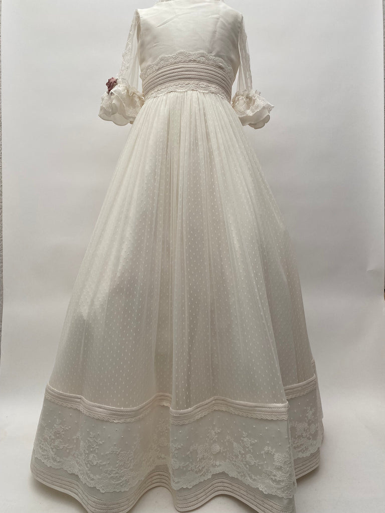 Vestido comunión español manga y tul puntos