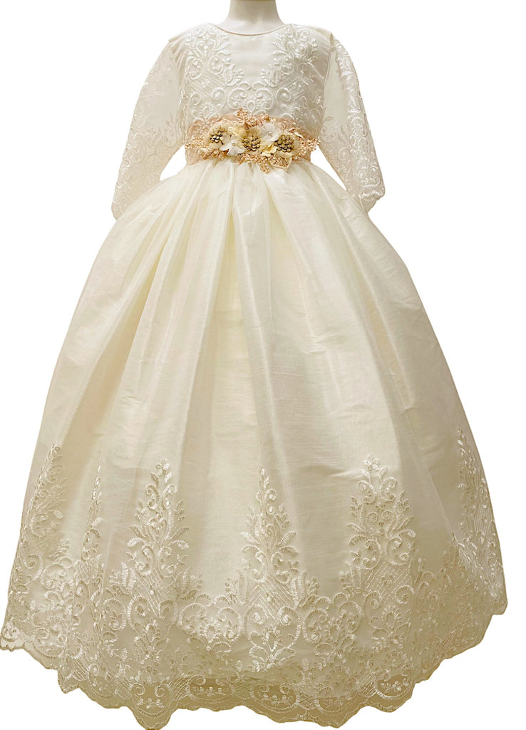 Vestido comunión peto bordado manga 3/4 banda flores