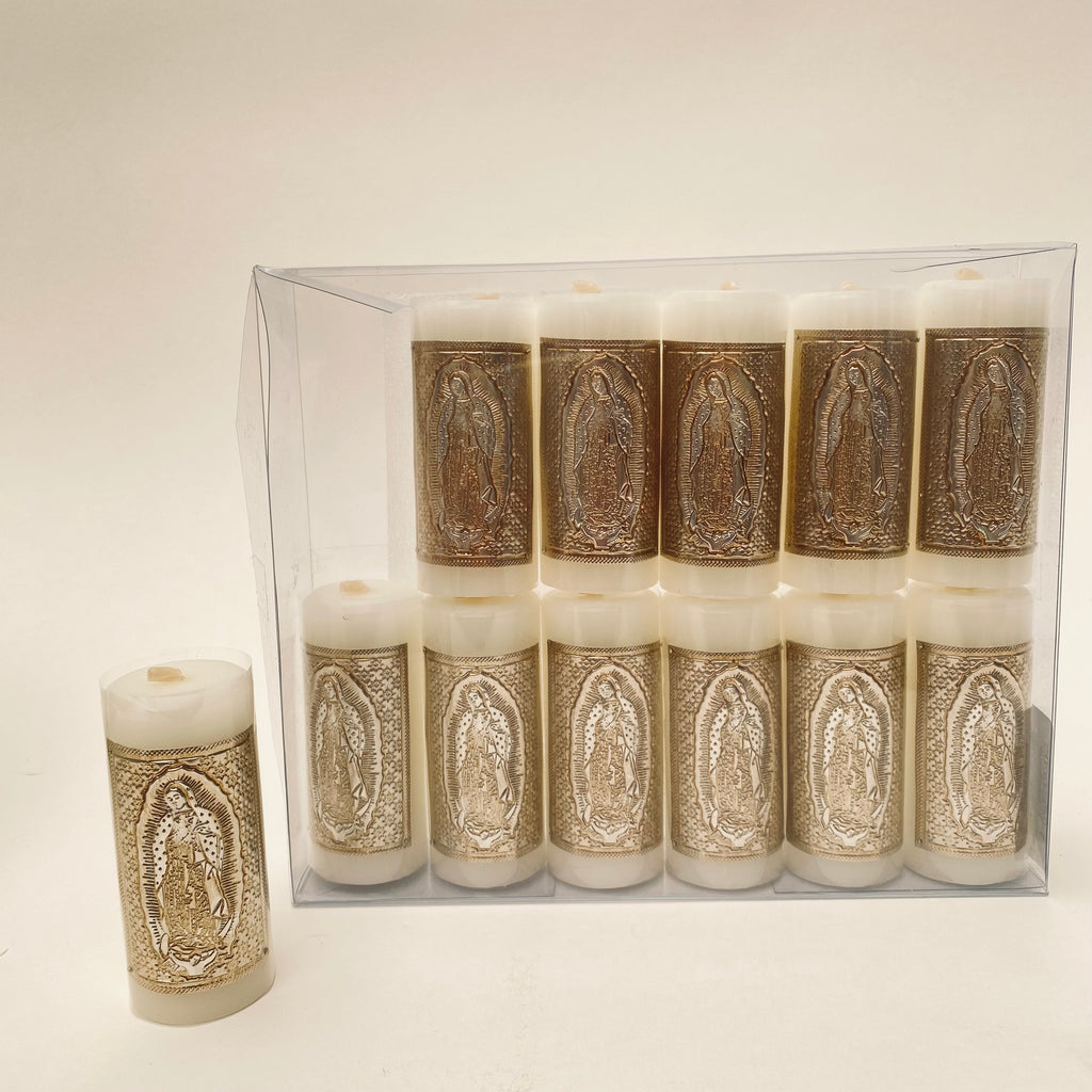 Velas individuales material repujado Virgen de Guadalupe