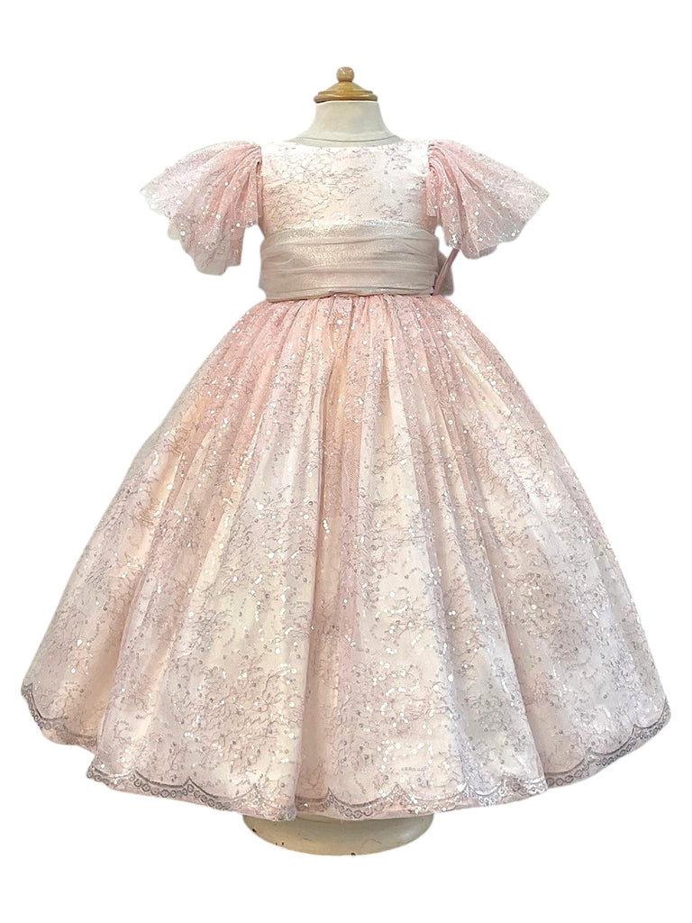 Vestido tul bordado florecitas banda drapeada