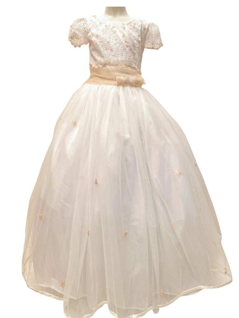 Vestido comunión fajo ajustable y colas de tul