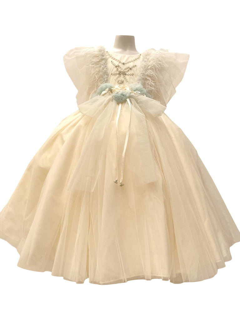 Vestido menina plumas espalda en V