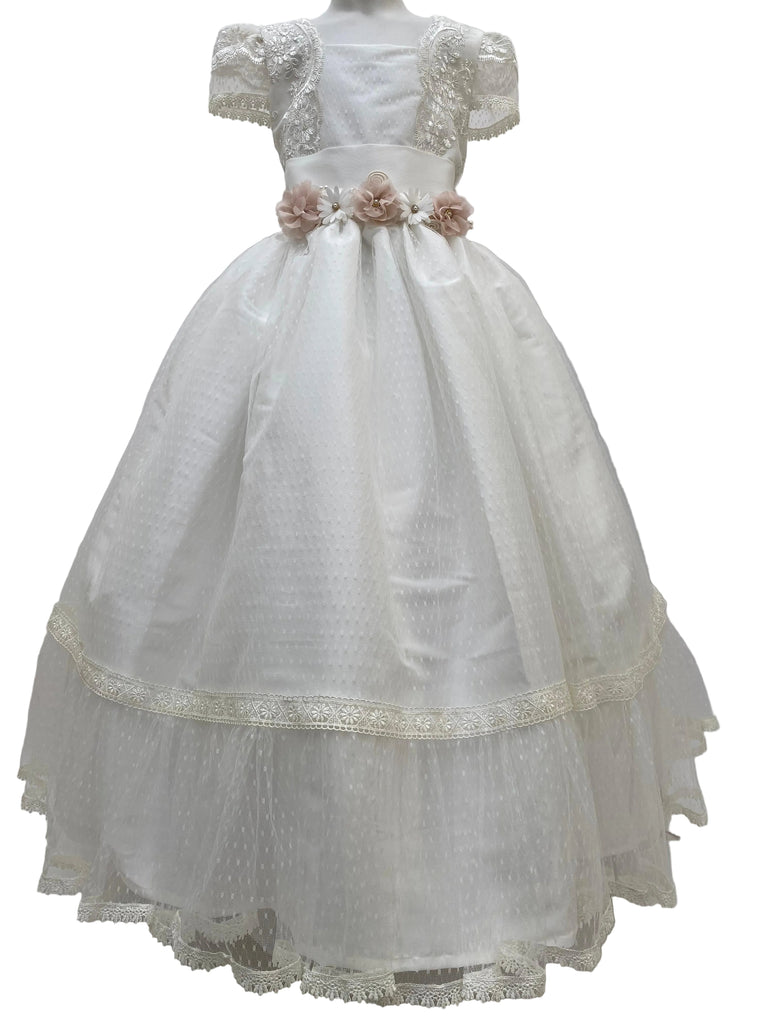 Vestido comunión tul de red encaje en peto manga japonesa
