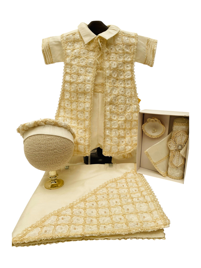 Ropón con casulla kit y sábana bordado y perlitas