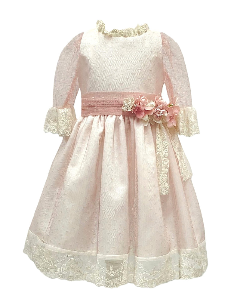 Vestido corto tul puntos tira bordada y manga