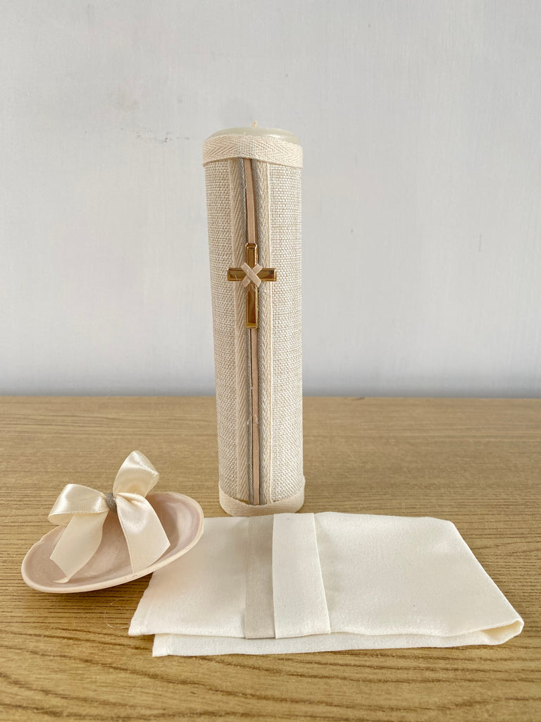 Juego de bautizo cruz vela forrada y listón bolillo