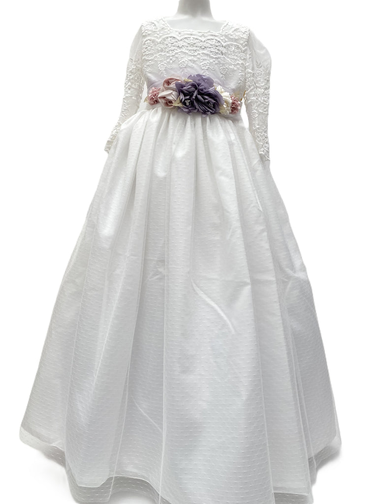 Vestido comunión falda tul puntos peto guipiure manga larga