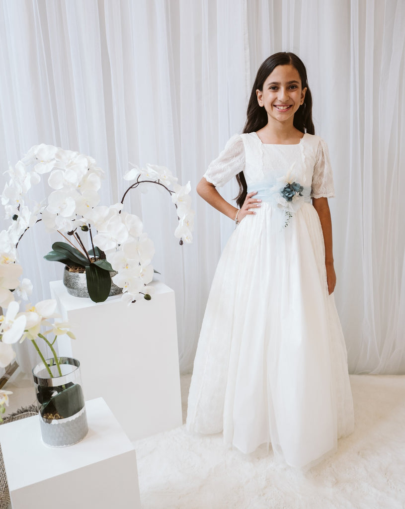 Vestido comunión manga 3/4 encaje y tul