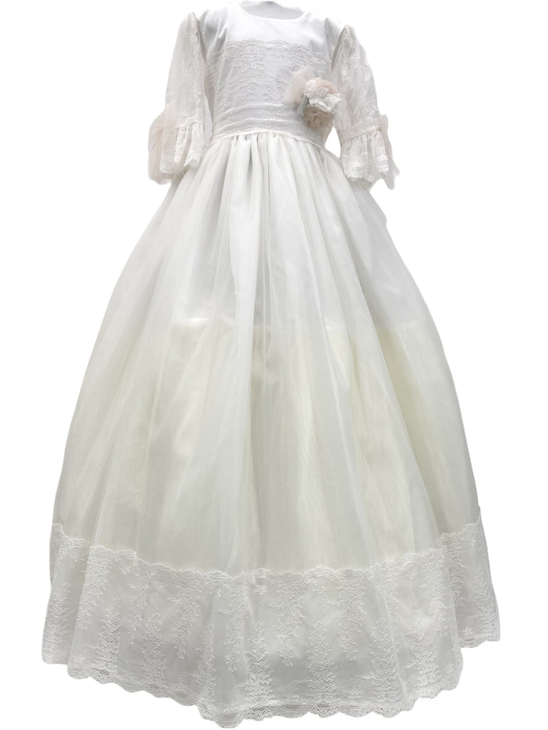 Vestido comunión de tul manga 3/4 encaje