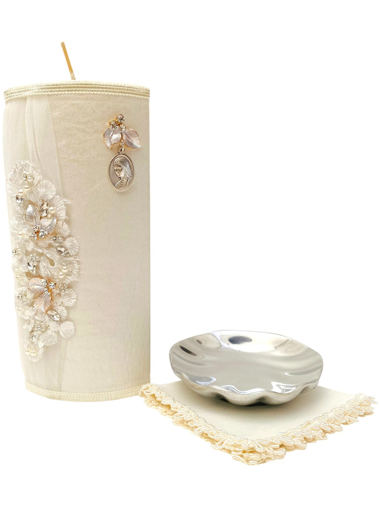 Juego bautizo vela forrada accesorio encaje concha pewter