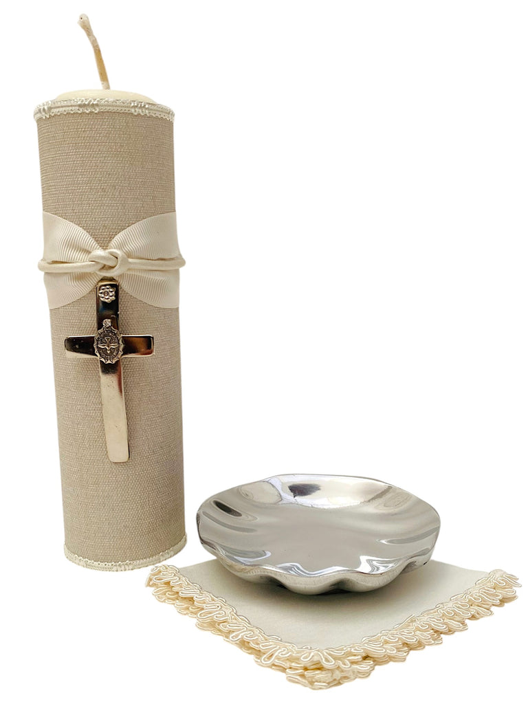 Juego bautizo vela forrada yute y listón falla concha pewter