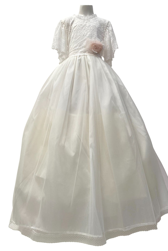 Vestido comunión manga de encaje falda de organza filos tira encaje