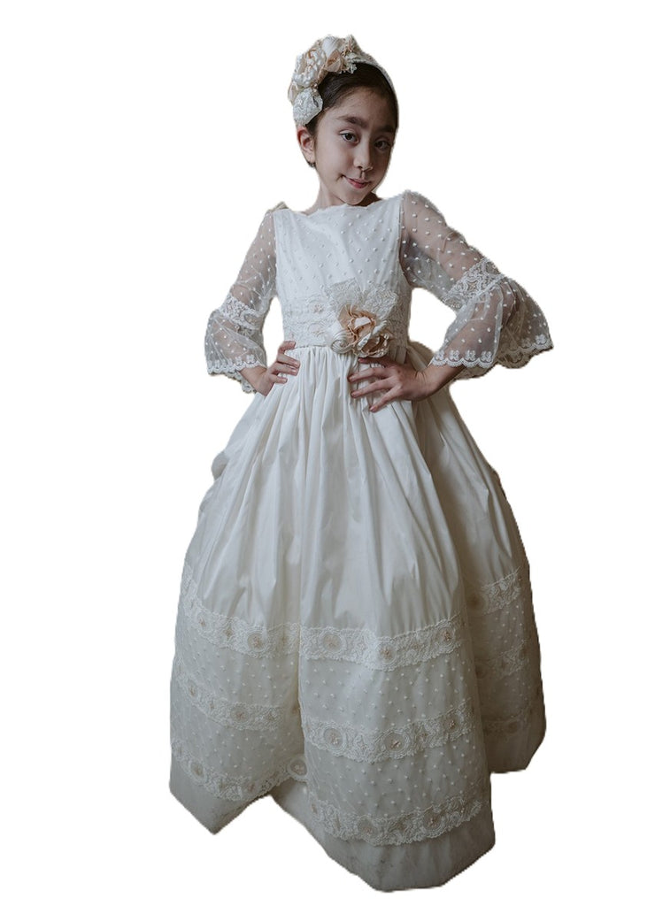 Vestido comunión manga 3/4 espalda escote de flores
