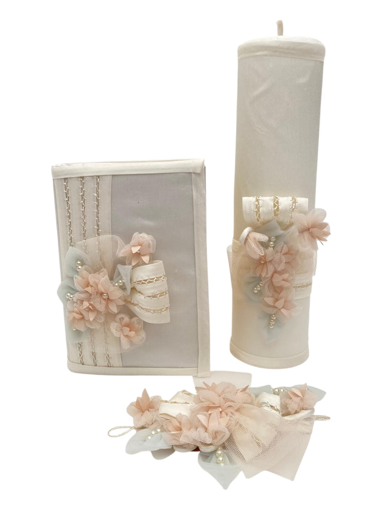 Set de comunión forrado de imitación gabeado y florecitas