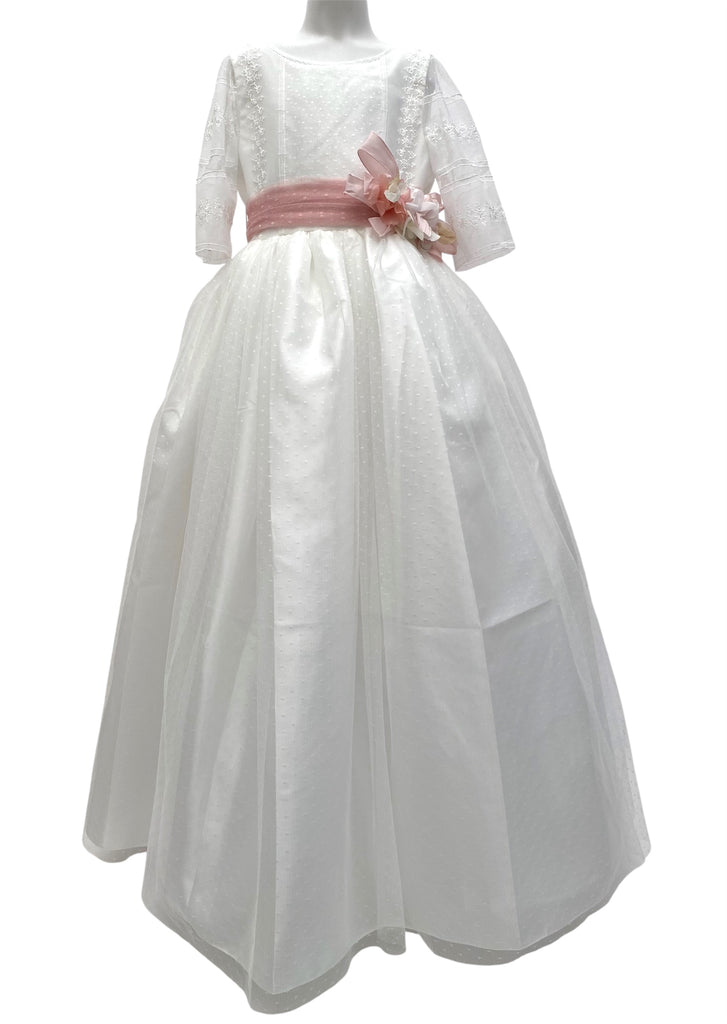 Vestido comunión tafeta y tira bordada manga 3/4
