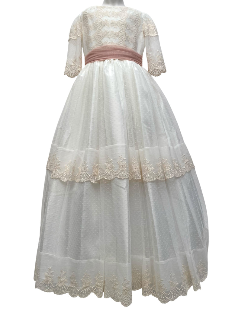 Vestido comunión tul mesh puntos tiras en falda