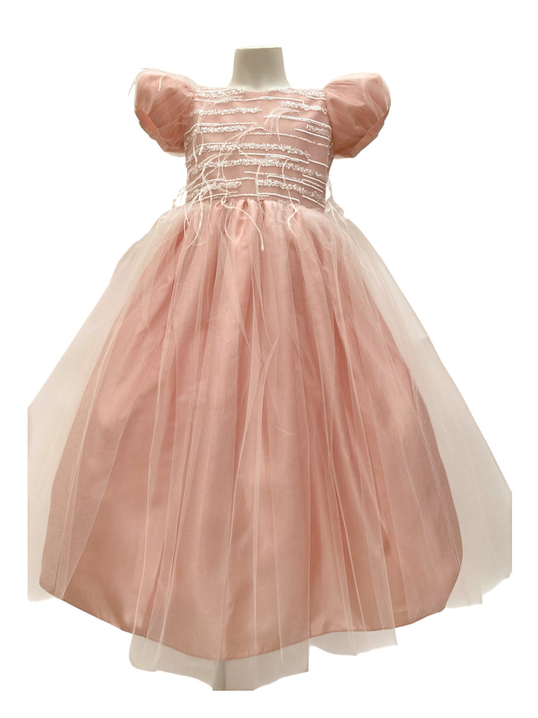 Vestido tafeta y tul peto bordado