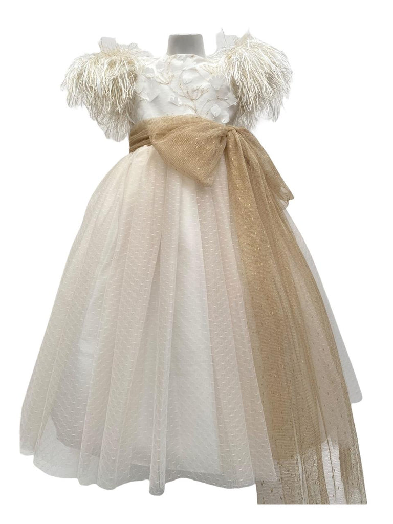 Vestido tul mesh puntos mangas de plumas