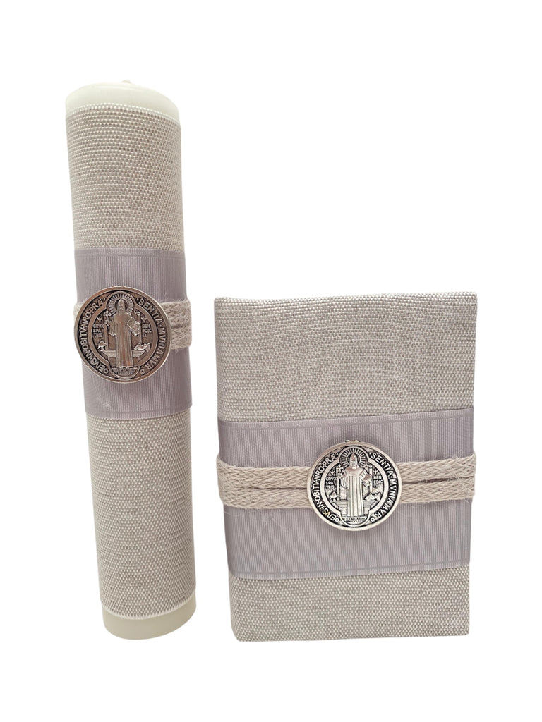 Juego de comunión forrado yute con medalla San Benito