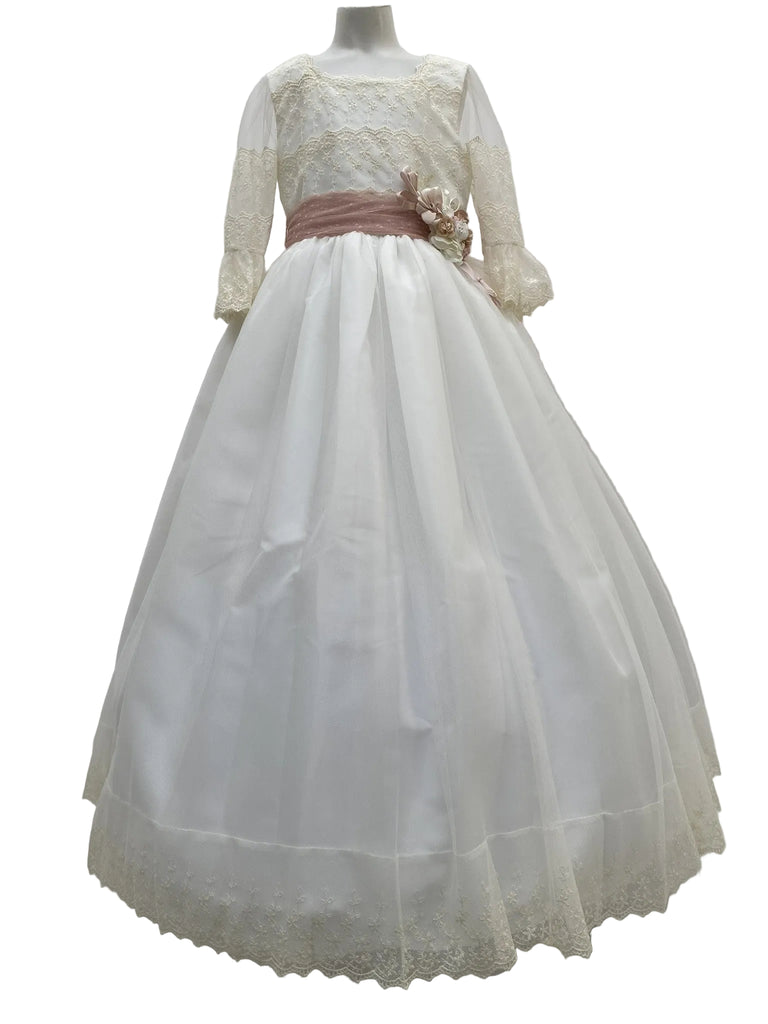 Vestido Primera Comunión tul mesh tira bordada