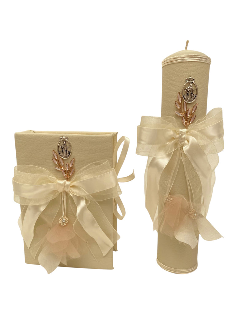 Juego comunión forrado en piel con listón satín