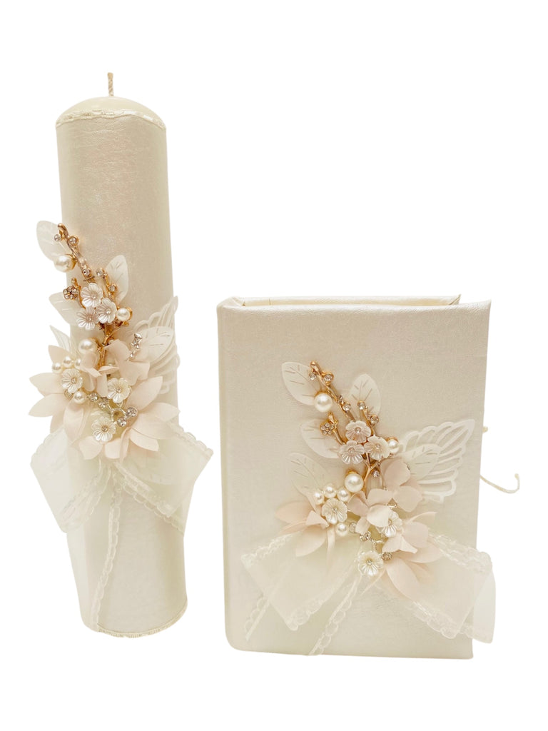 Juego de comunión forrado en piel accesorio flores y moñito