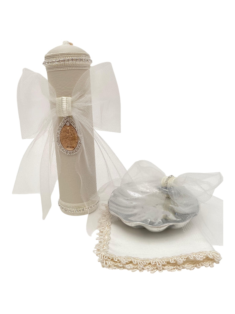 Juego de bautizo forrado de piel moño de tul con medalla