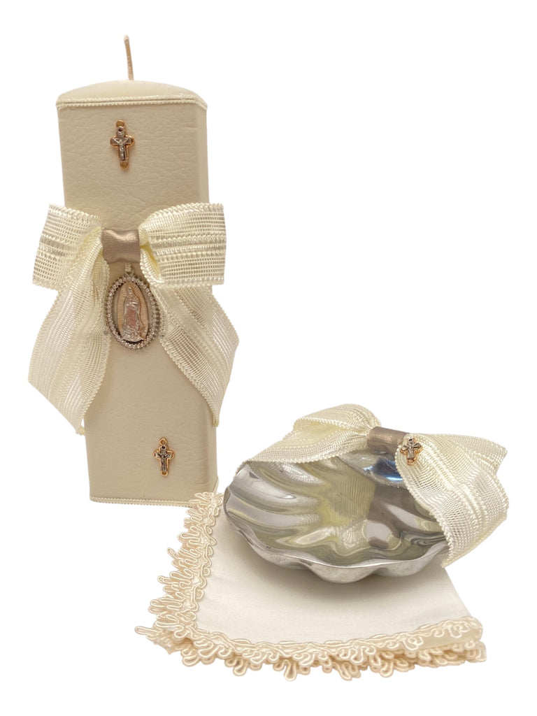Juego de bautizo con concha pewter forrada con moño listón y medalla