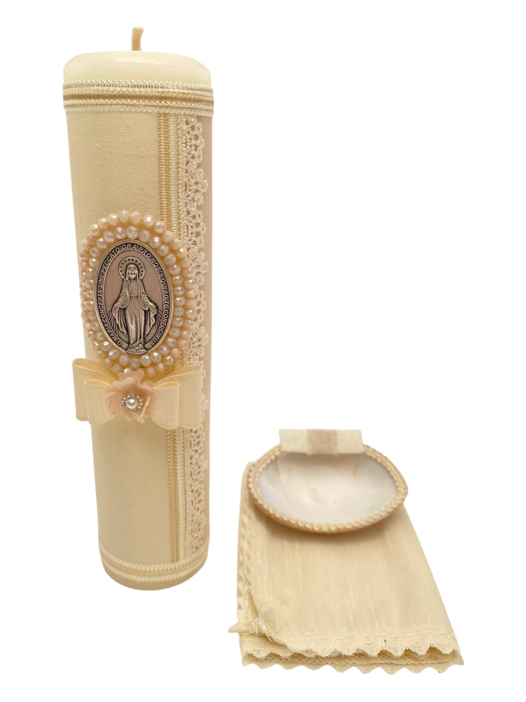 Juego de bautizo forrado medalla y moñito