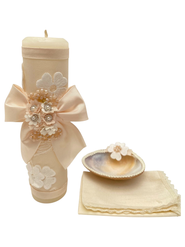 Juego de bautizo bordado con moño florecitas