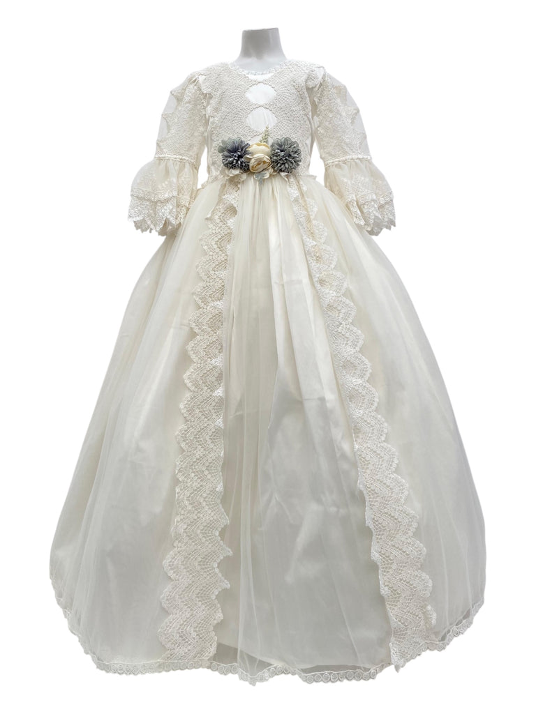 Vestido de comunión manga 3/4 con tira de encaje con corona