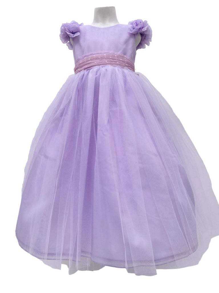 Vestido tafeta tul manga flores