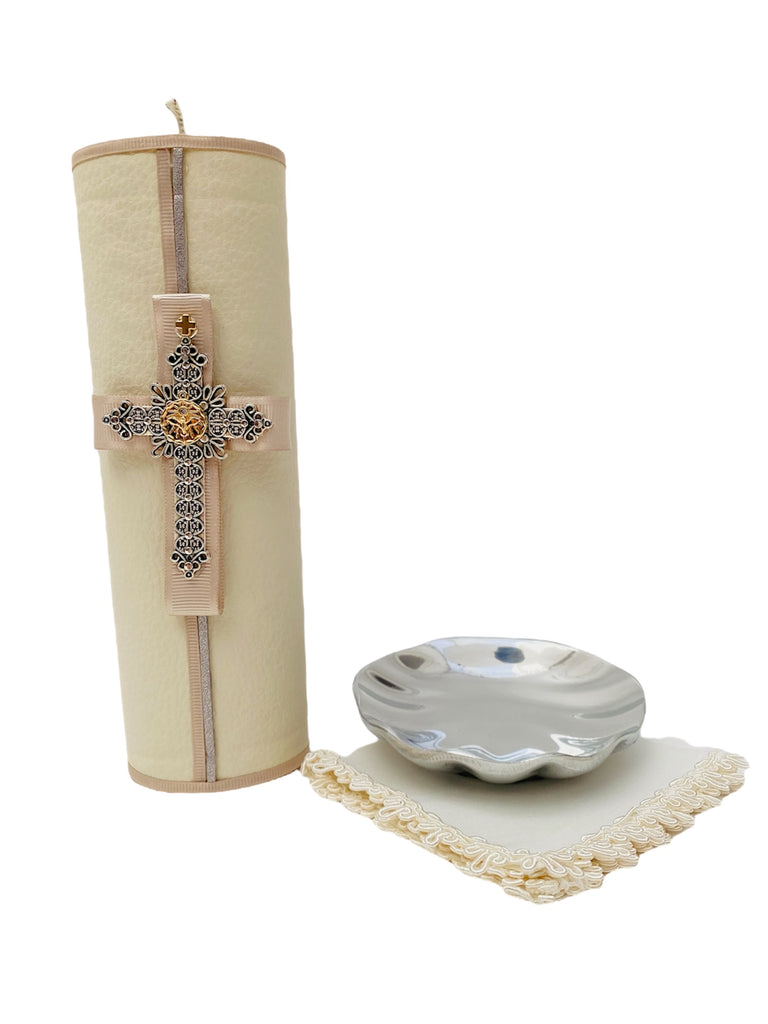 Juego bautizo forrado tacto piel y cruz, con concha pewter