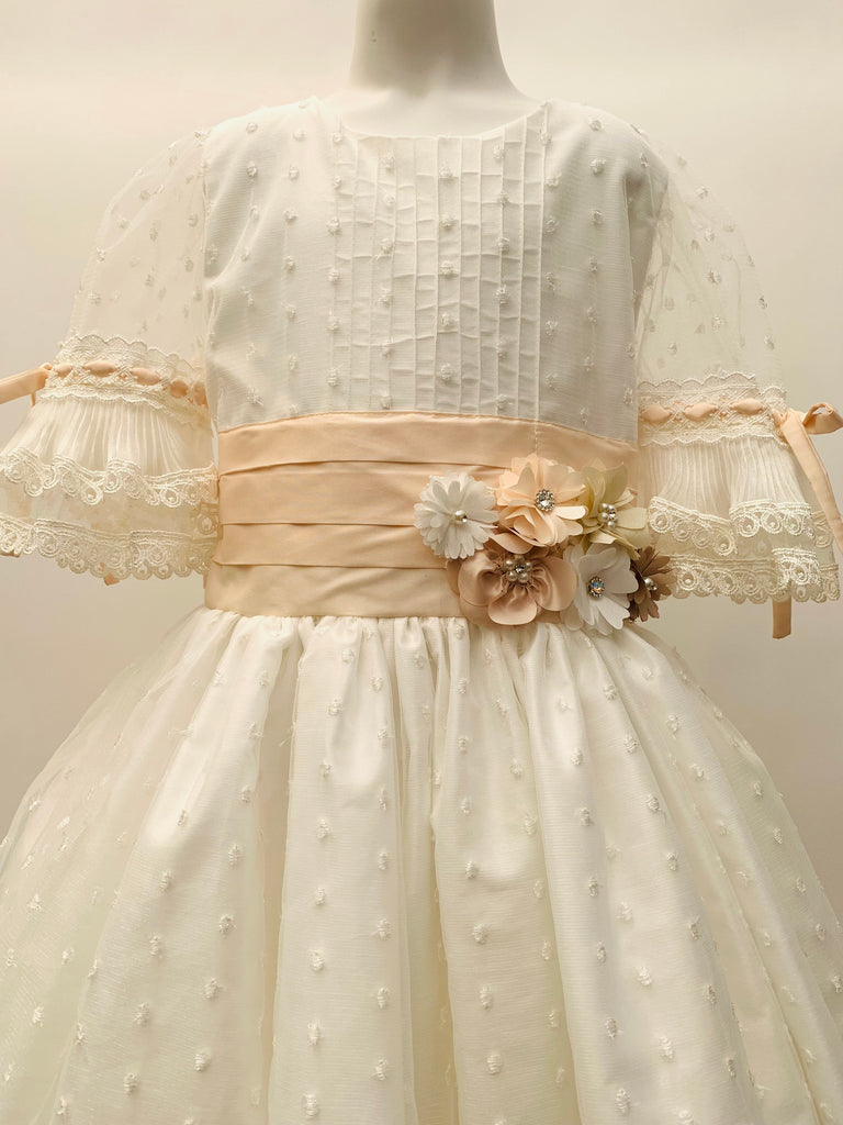 Vestido comunión tul punteado manga olanes